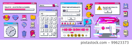 Old computer windows and icons set on background Old computer windows and icons set on background 99623373