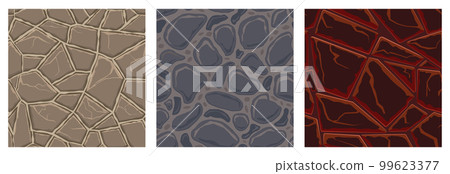 Cartoon game textures, lava, rocks and brick, dirt and ground surface seamless patterns. Game assets walls and environment backgrounds Cartoon game textures, lava, rocks and brick, dirt and ground surface seamless patterns. Game assets walls and environment backgrounds 99623377
