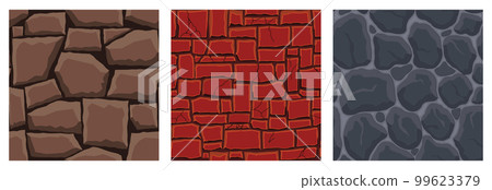 Cartoon game textures, lava, rocks and brick, dirt and ground surface seamless patterns. Game assets walls and environment backgrounds Cartoon game textures, lava, rocks and brick, dirt and ground surface seamless patterns. Game assets walls and environment backgrounds 99623379