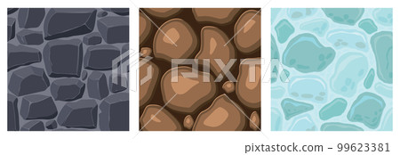 Cartoon game textures, ice, rocks and brick, dirt and ground surface seamless patterns. Game assets walls and environment backgrounds 99623381