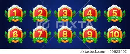 Game badges with level number, holly berry, leaves 99623402
