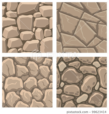 Cartoon game textures, rocks, dirt and ground surface seamless patterns. Game assets walls and environment backgrounds 99623414
