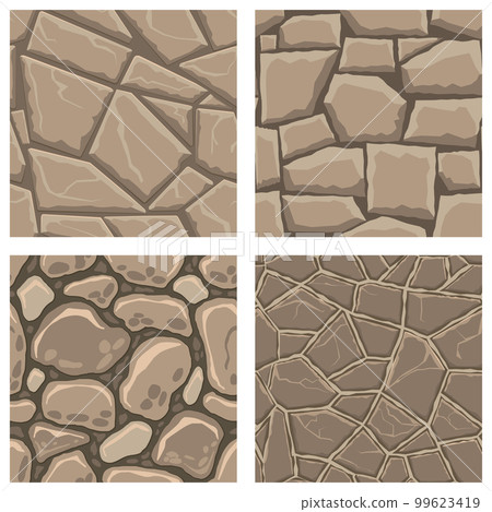 Cartoon game textures, rocks, dirt and ground surface seamless patterns. Game assets walls and environment backgrounds 99623419