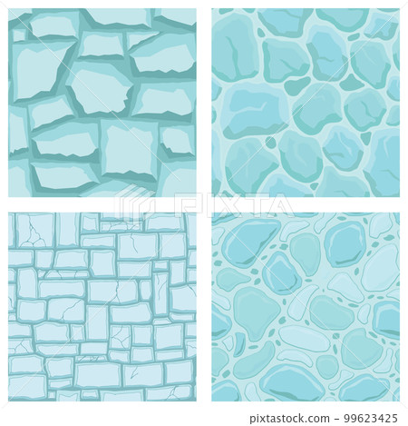 Cartoon game textures, ice surface seamless patterns. Game assets walls and environment backgrounds Cartoon game textures, ice surface seamless patterns. Game assets walls and environment backgrounds 99623425