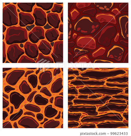 Cartoon game textures, lava surface seamless patterns. Game assets walls and environment backgrounds Cartoon game textures, lava surface seamless patterns. Game assets walls and environment backgrounds 99623433