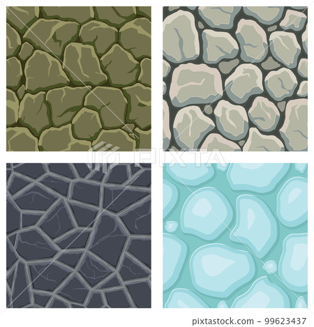 Cartoon game textures, ice, rocks and brick, dirt and ground surface seamless patterns. Game assets walls and environment backgrounds Cartoon game textures, ice, rocks and brick, dirt and ground surface seamless patterns. Game assets walls and environment backgrounds 99623437
