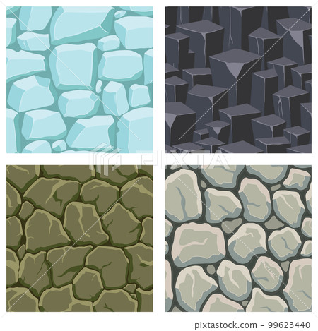 Cartoon game textures, ice, rocks and brick, dirt and ground surface seamless patterns. Game assets walls and environment backgrounds Cartoon game textures, ice, rocks and brick, dirt and ground surface seamless patterns. Game assets walls and environment backgrounds 99623440