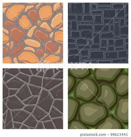 Cartoon game textures, rocks, dirt and ground surface seamless patterns. Game assets walls and environment backgrounds Cartoon game textures, rocks, dirt and ground surface seamless patterns. Game assets walls and environment backgrounds 99623441