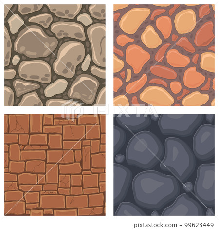 Cartoon game textures, rocks, dirt and ground surface seamless patterns. Game assets walls and environment backgrounds 99623449