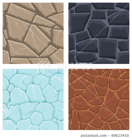 Cartoon game textures, ice, rocks and brick, dirt and ground surface seamless patterns. Game assets walls and environment backgrounds Cartoon game textures, ice, rocks and brick, dirt and ground surface seamless patterns. Game assets walls and environment backgrounds 99623450
