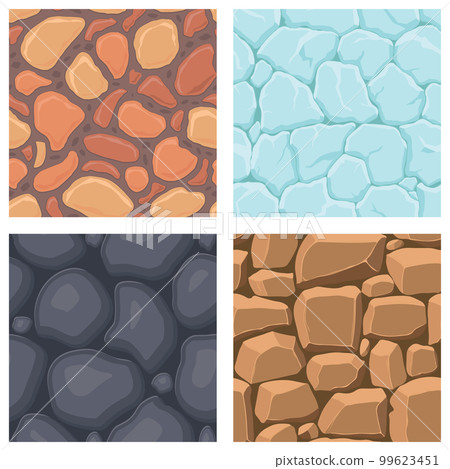 Cartoon game textures, ice, rocks and brick, dirt and ground surface seamless patterns. Game assets walls and environment backgrounds 99623451