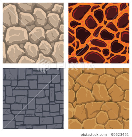 Cartoon game textures, lava, rocks and brick, dirt and ground surface seamless patterns. Game assets walls and environment backgrounds 99623461