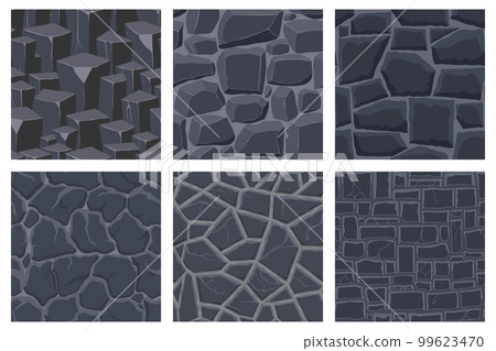 Cartoon game textures, rocks, dirt and ground surface seamless patterns. Game assets walls and environment backgrounds Cartoon game textures, rocks, dirt and ground surface seamless patterns. Game assets walls and environment backgrounds 99623470