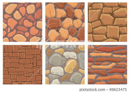 Cartoon game textures, rocks, dirt and ground surface seamless patterns. Game assets walls and environment backgrounds 99623475