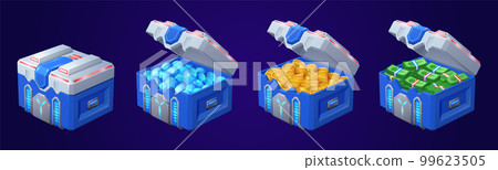 Cartoon set of sci-fi treasure boxes Cartoon set of sci-fi treasure boxes 99623505