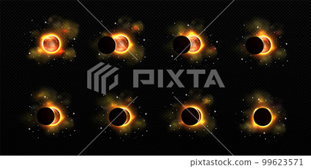 Sun and moon in solar eclipse in different phases Sun and moon in solar eclipse in different phases 99623571