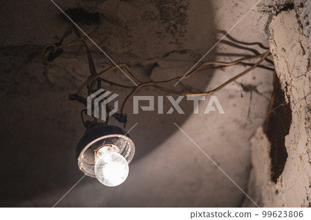 an old light bulb hangs on a wire in the basement 99623806