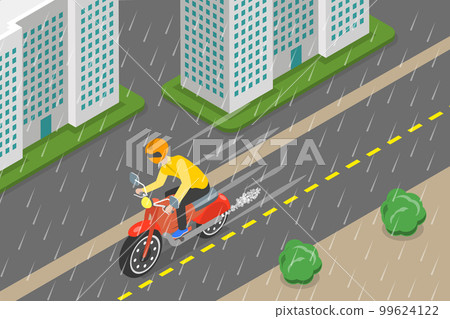 3D Isometric Flat Vector Conceptual Illustration of Riding On A Rainy Road 99624122