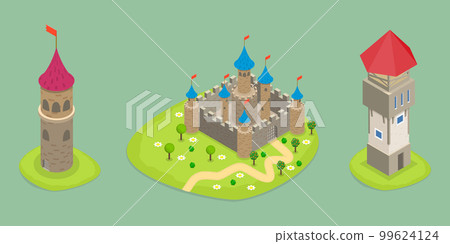 3D Isometric Flat Vector Set of Medieval Castles 99624124