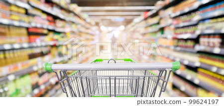 supermarket shelves aisle with empty shopping cart defocused interior blur bokeh light background supermarket shelves aisle with empty shopping cart defocused interior blur bokeh light background 99624197