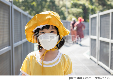Little asian girl wearing face mask in the park New normal lifestyle travel during covid-19 pandemic 99624370