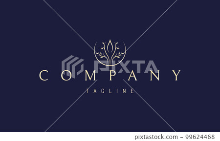 Vector golden logo on which an abstract image of a tree with a candle flame in the middle and an inverted moon at the base. 99624468
