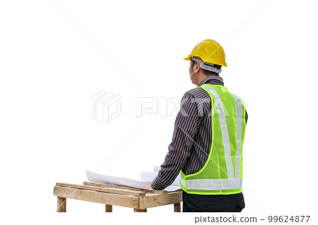 engineer worker with blueprint and safety helmet isolated on white background 99624877