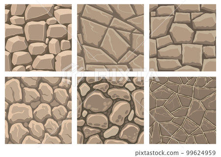 Cartoon game textures, rocks, dirt and ground surface seamless patterns. Game assets walls and environment backgrounds Cartoon game textures, rocks, dirt and ground surface seamless patterns. Game assets walls and environment backgrounds 99624959