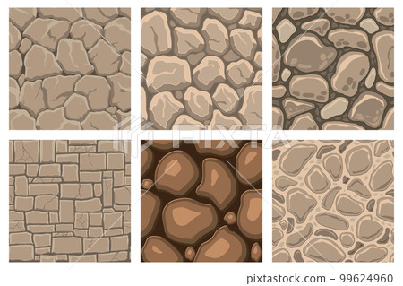 Cartoon game textures, rocks, dirt and ground surface seamless patterns. Game assets walls and environment backgrounds Cartoon game textures, rocks, dirt and ground surface seamless patterns. Game assets walls and environment backgrounds 99624960