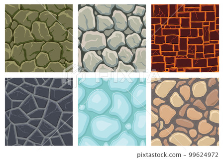 Cartoon game textures, lava, ice, rocks and brick, dirt and ground surface seamless patterns. Game assets walls and environment backgrounds 99624972
