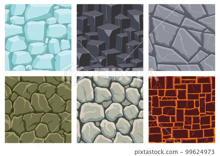Cartoon game textures, lava, ice, rocks and brick, dirt and ground surface seamless patterns. Game assets walls and environment backgrounds Cartoon game textures, lava, ice, rocks and brick, dirt and ground surface seamless patterns. Game assets walls and environment backgrounds 99624973