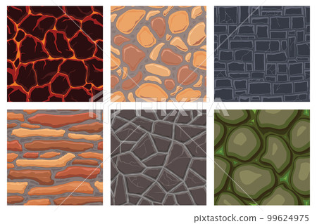 Cartoon game textures, lava, rocks and brick, dirt and ground surface seamless patterns. Game assets walls and environment backgrounds 99624975