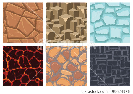 Cartoon game textures, lava, ice, rocks and brick, dirt and ground surface seamless patterns. Game assets walls and environment backgrounds Cartoon game textures, lava, ice, rocks and brick, dirt and ground surface seamless patterns. Game assets walls and environment backgrounds 99624976