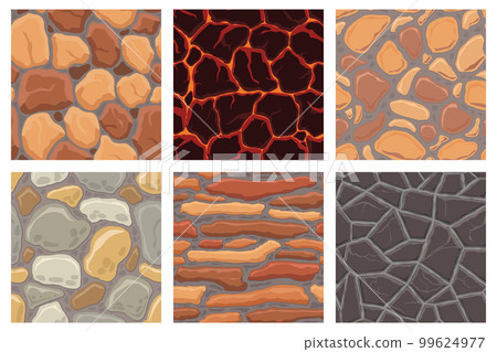 Cartoon game textures, lava, rocks and brick, dirt and ground surface seamless patterns. Game assets walls and environment backgrounds 99624977