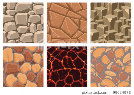 Cartoon game textures, lava, rocks and brick, dirt and ground surface seamless patterns. Game assets walls and environment backgrounds Cartoon game textures, lava, rocks and brick, dirt and ground surface seamless patterns. Game assets walls and environment backgrounds 99624978