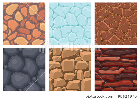 Cartoon game textures, lava, ice, rocks and brick, dirt and ground surface seamless patterns. Game assets walls and environment backgrounds 99624979