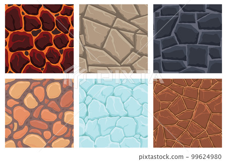 Cartoon game textures, lava, ice, rocks and brick, dirt and ground surface seamless patterns. Game assets walls and environment backgrounds Cartoon game textures, lava, ice, rocks and brick, dirt and ground surface seamless patterns. Game assets walls and environment backgrounds 99624980