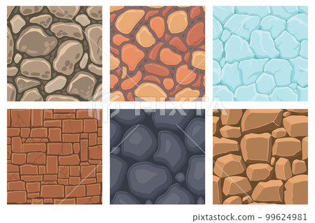Cartoon game textures, ice, rocks and brick, dirt and ground surface seamless patterns. Game assets walls and environment backgrounds Cartoon game textures, ice, rocks and brick, dirt and ground surface seamless patterns. Game assets walls and environment backgrounds 99624981