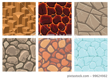 Cartoon game textures, lava, ice, rocks and brick, dirt and ground surface seamless patterns. Game assets walls and environment backgrounds 99624982
