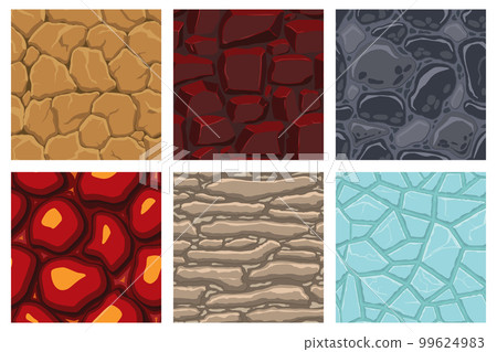 Cartoon game textures, lava, ice, rocks and brick, dirt and ground surface seamless patterns. Game assets walls and environment backgrounds 99624983