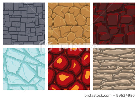 Cartoon game textures, lava, ice, rocks and brick, dirt and ground surface seamless patterns. Game assets walls and environment backgrounds 99624986