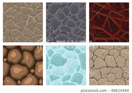 Cartoon game textures, lava, ice, rocks and brick, dirt and ground surface seamless patterns. Game assets walls and environment backgrounds 99624989