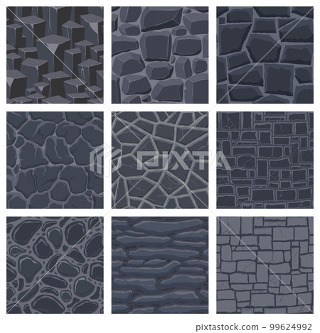 Cartoon game textures, rocks, dirt and ground surface seamless patterns. Game assets walls and environment backgrounds Cartoon game textures, rocks, dirt and ground surface seamless patterns. Game assets walls and environment backgrounds 99624992
