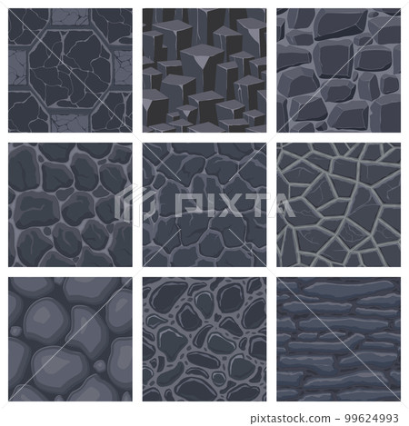 Cartoon game textures, rocks, dirt and ground surface seamless patterns. Game assets walls and environment backgrounds 99624993