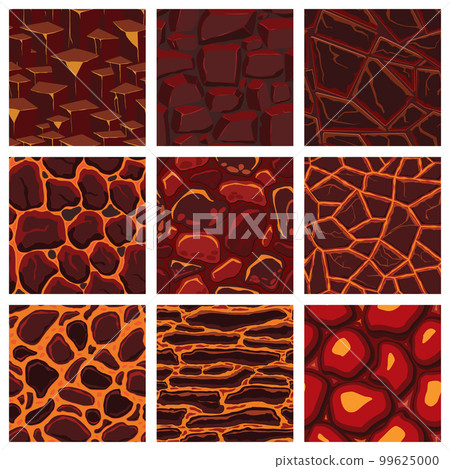Cartoon game textures, lava surface seamless patterns. Game assets walls and environment backgrounds 99625000