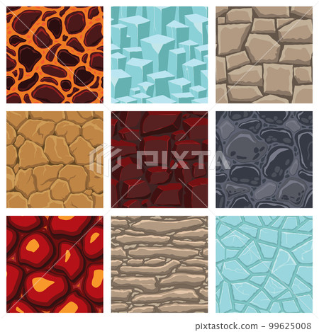 Cartoon game textures, lava, ice, rocks and brick, dirt and ground surface seamless patterns. Game assets walls and environment backgrounds 99625008