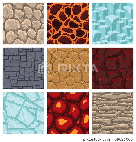 Cartoon game textures, lava, ice, rocks and brick, dirt and ground surface seamless patterns. Game assets walls and environment backgrounds 99625009