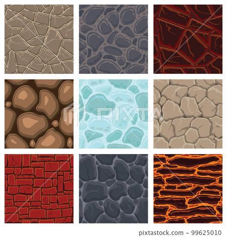 Cartoon game textures, lava, ice, rocks and brick, dirt and ground surface seamless patterns. Game assets walls and environment backgrounds 99625010