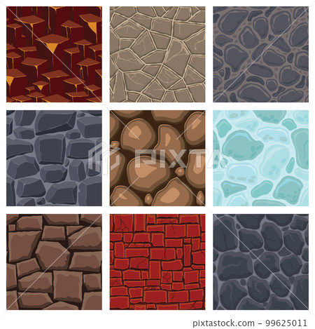 Cartoon game textures, lava, ice, rocks and brick, dirt and ground surface seamless patterns. Game assets walls and environment backgrounds 99625011