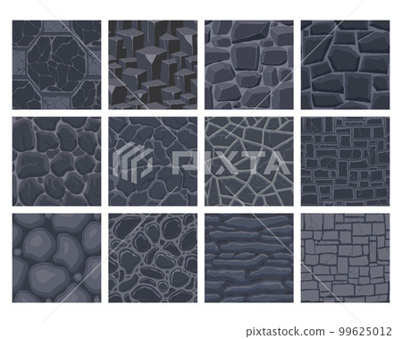 Cartoon game textures, rocks, dirt and ground surface seamless patterns. Game assets walls and environment backgrounds 99625012
